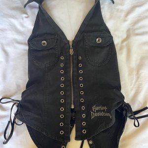 Harley Davidson Womens Top Black Lace Up Zip Front Corset Sides Halter xs
